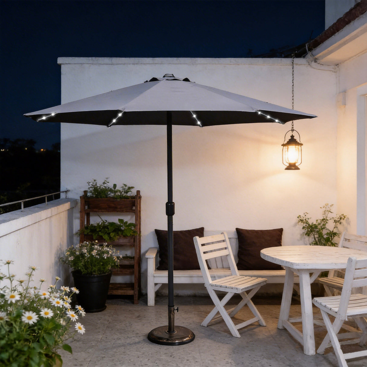 LED Garden Parasol with Steel Pole - 8 Rib, Crank Handle & Vented Canopy