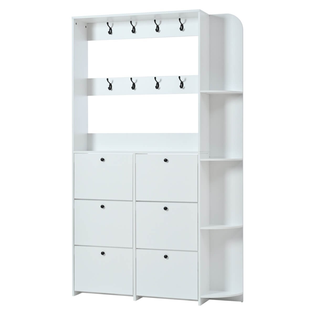 Hallway Storage Unit with Coat Rack - Shoe Cabinet with 6 Flip Drawers, 8 Hooks & 5 Shelves, White