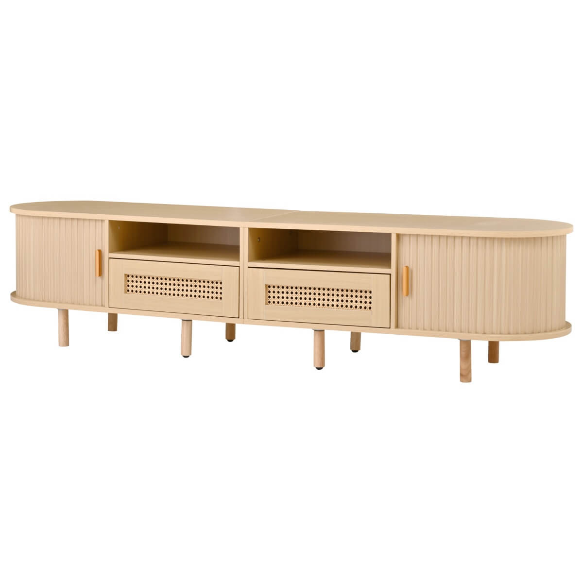 Rattan TV Stand with Sliding Doors - 2 Drawer Storage TV Unit, Fits up to 70 Inch TV