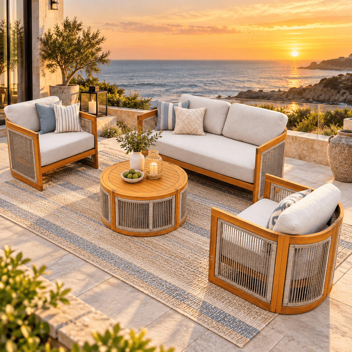 CAVEN 4-Seater Solid Wood Garden Sofa Set - 4-Piece Outdoor Sofa Set with Cushions