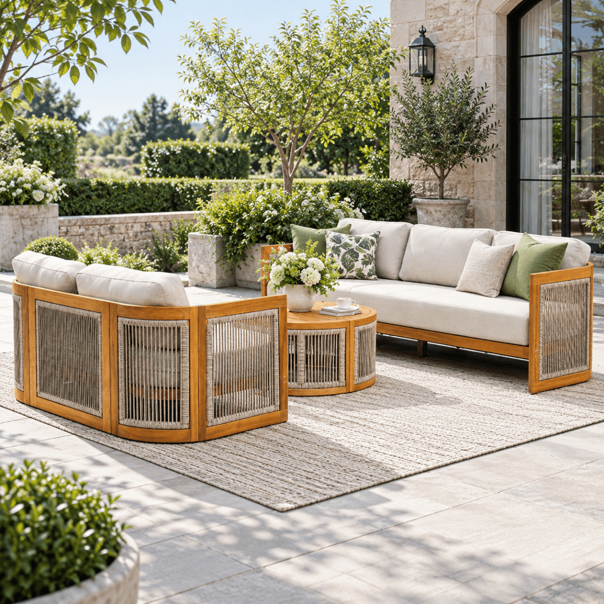 CAVEN 5-Seater Solid Wood Garden Sofa Set - 3-Piece Outdoor Sofa Set with Cushions