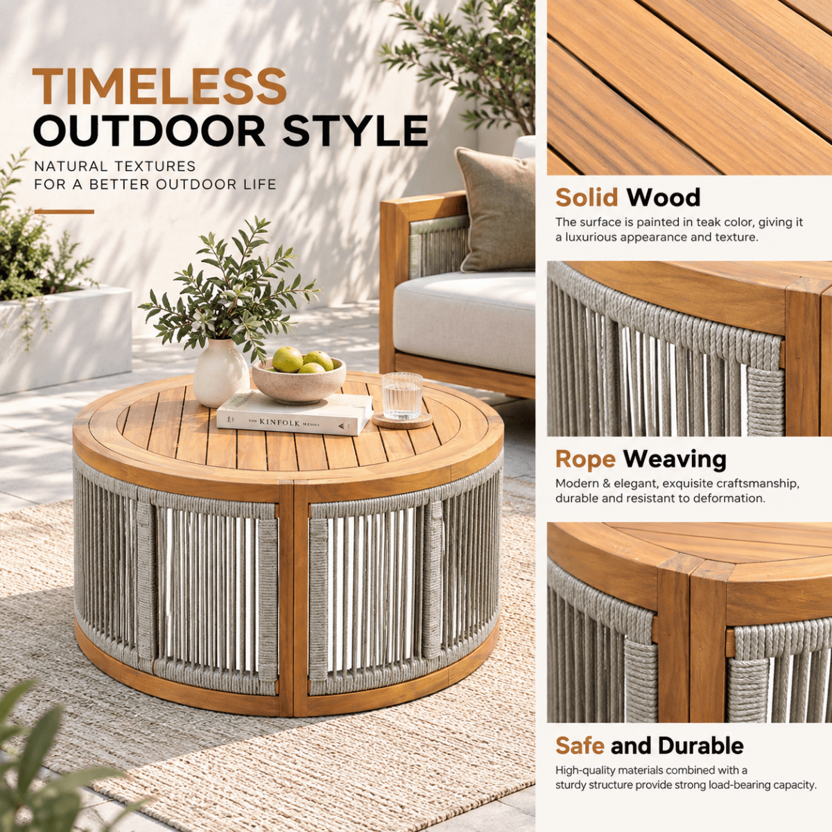 CAVEN 5-Seater Solid Wood Garden Sofa Set - 3-Piece Outdoor Sofa Set with Cushions