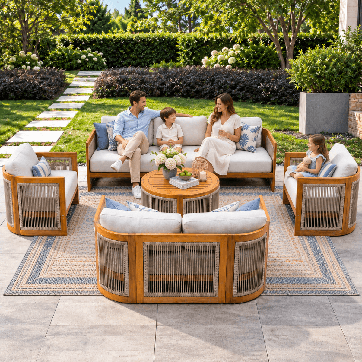 CAVEN 7-Seater Solid Wood Garden Sofa Set - 5-Piece Outdoor Sofa Set with Cushions