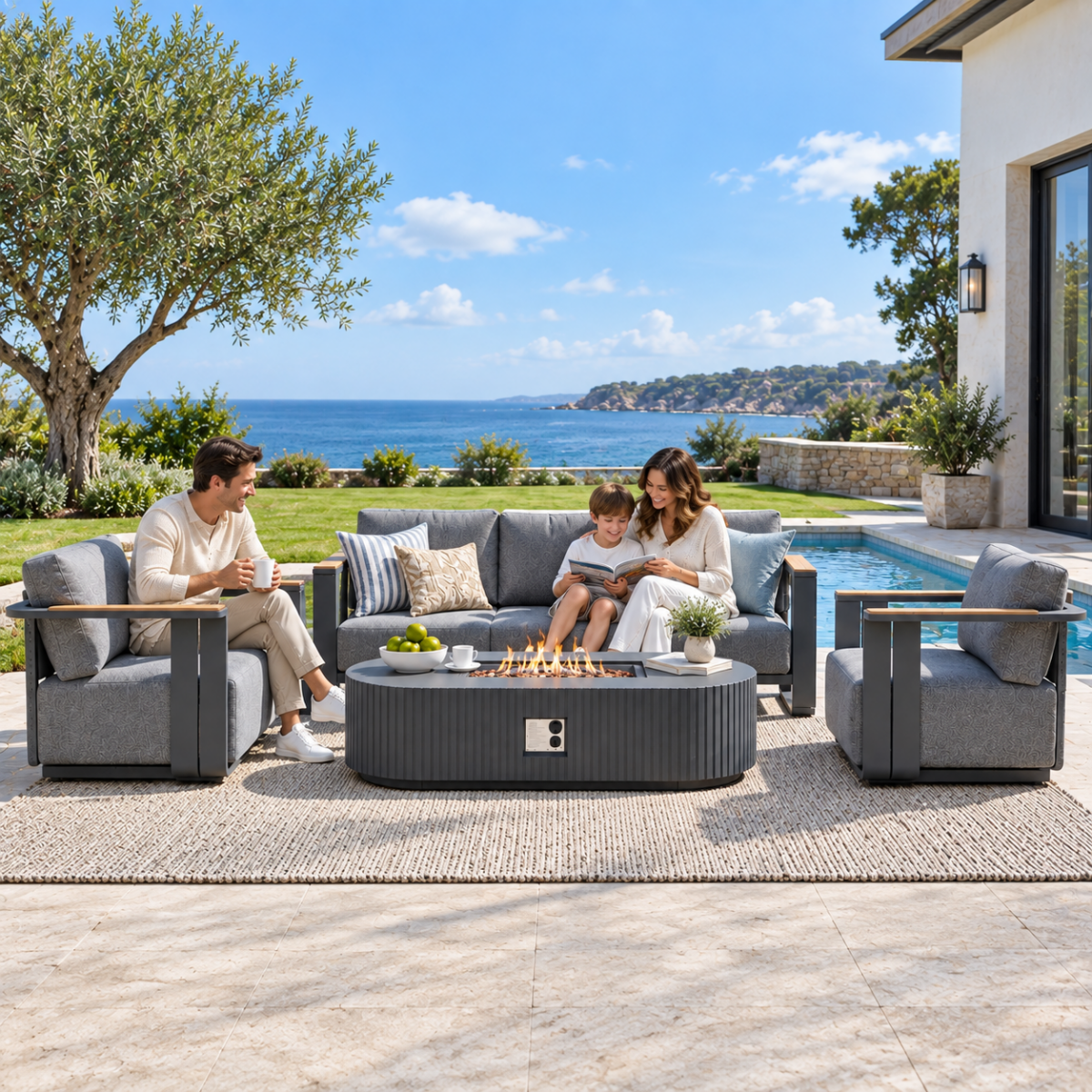 VAREL 4-Piece Sofa Set with LYRIN Fire Pit Table (2 Armchairs + 3-Seater)