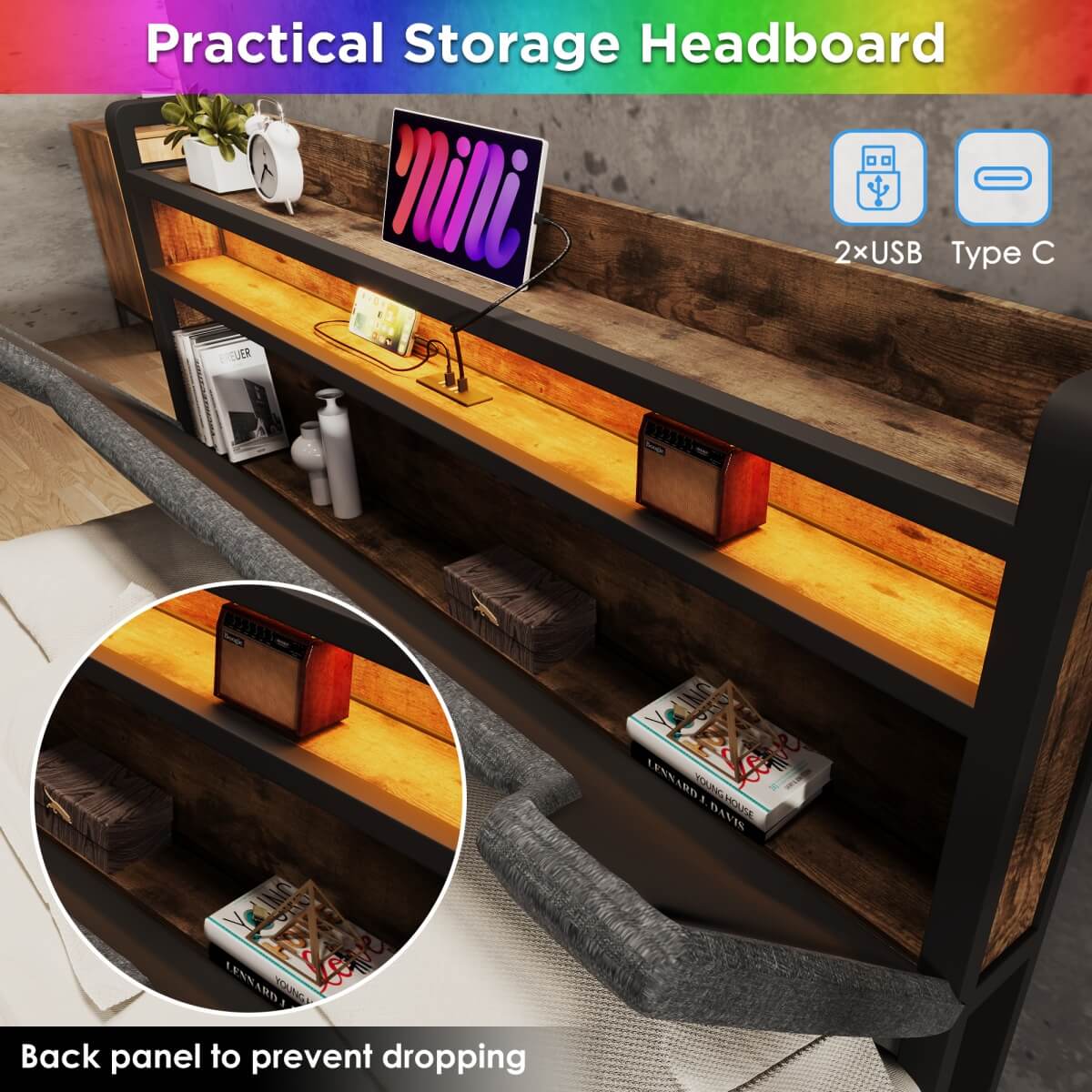 4FT6 Double Upholstered Storage Bed - LED Bed Frame with USB-C Charging & Storage Headboard