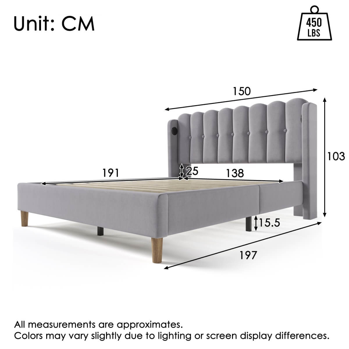 4ft6 Double Upholstered Bed with USB Charging - Grey Linen Bed Frame