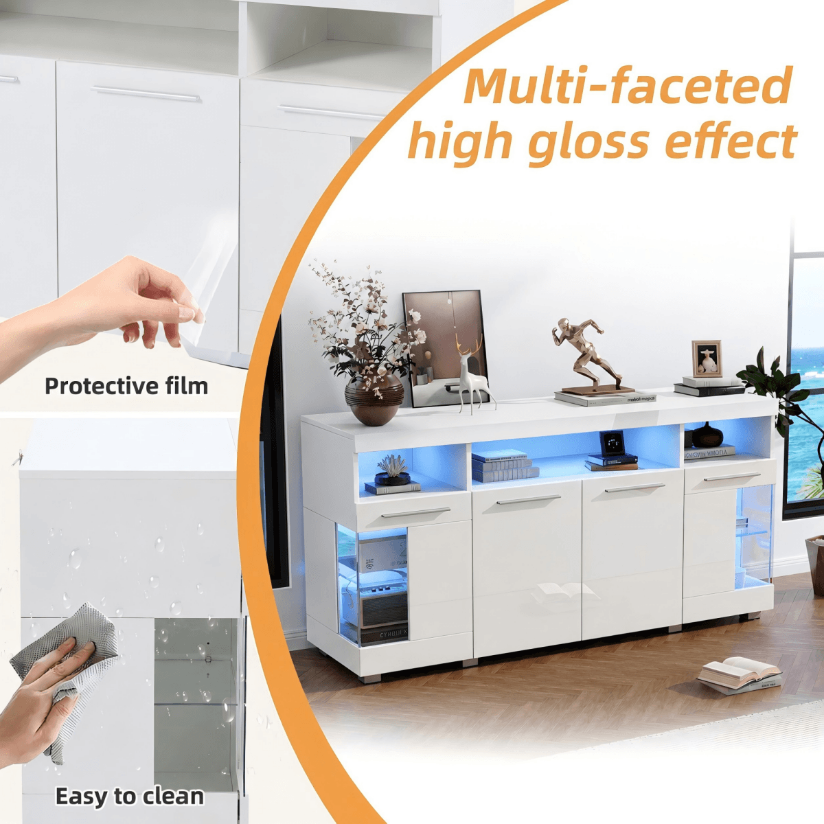 High Gloss White Sideboard with LED Lighting - Modern Storage Cabinet with 3-Tier Tempered Glass Display Shelves