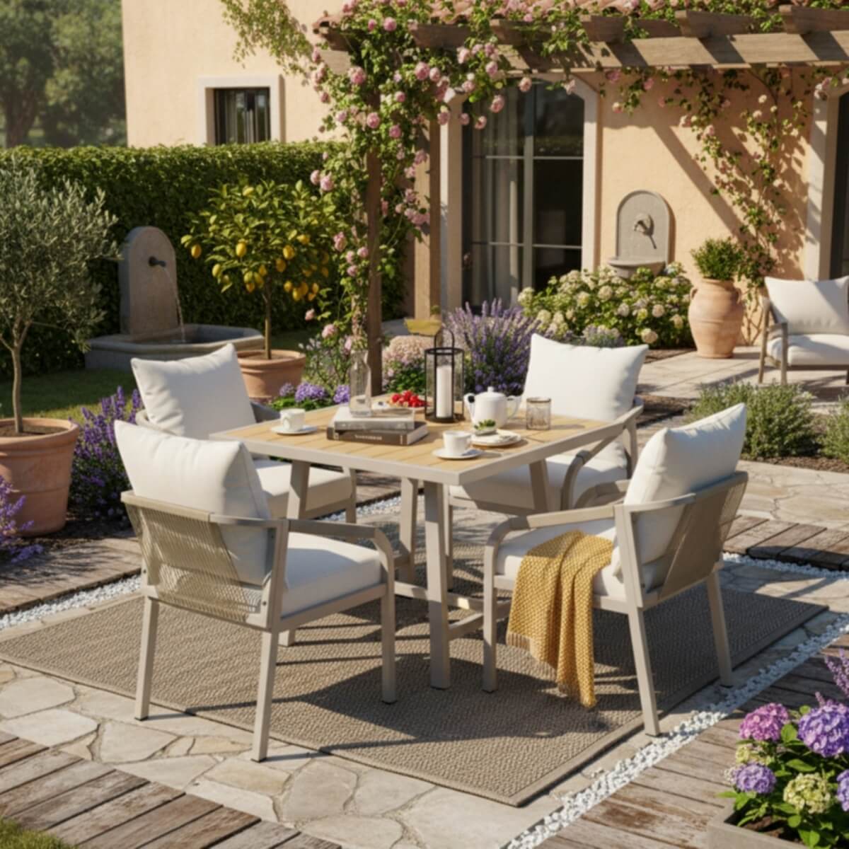 4 Seater Garden Dining Set - Outdoor Patio Table and Chairs with Umbrella Hole, Beige
