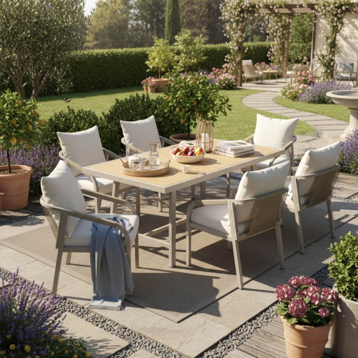6 Seater Garden Dining Set - Galvanised Iron Frame, Rope Chairs & Wood Effect Table, Beige