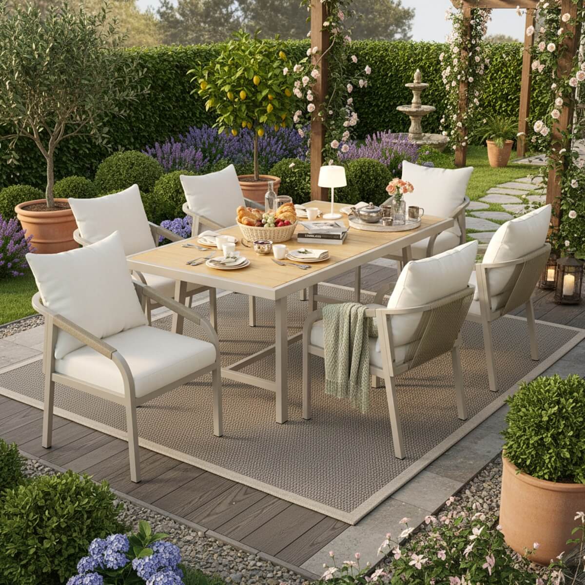 6 Seater Garden Dining Set - Galvanised Iron Frame, Rope Chairs & Wood Effect Table, Beige