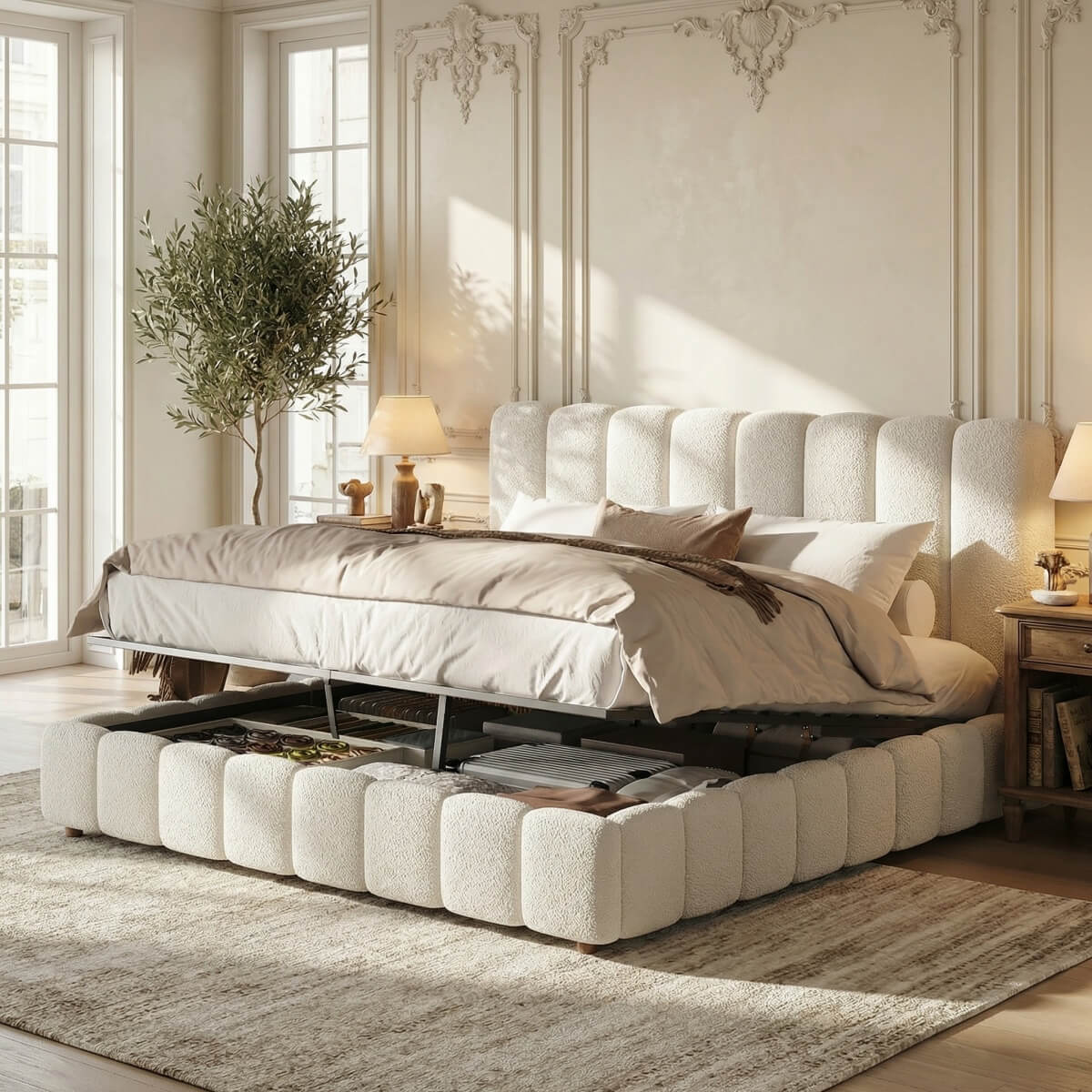 5ft King Upholstered Bed with Hydraulic Storage - White Bouclé Bed Frame with Padded Headboard & Slatted Base