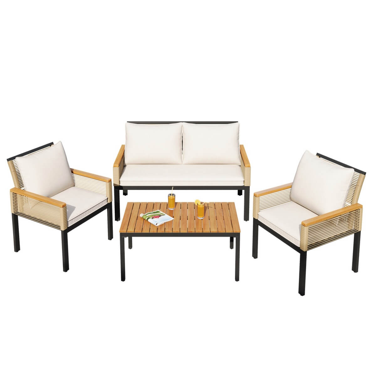 4 Seater Rattan Garden Furniture Set - Outdoor Sofa Set with Cushions, Table and Chairs, Beige