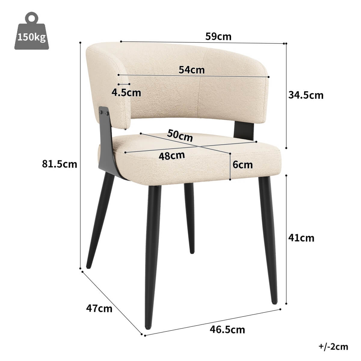 Set of 2 Upholstered Dining Chairs – Curved Backrest, Soft Padded Seat and Metal Legs