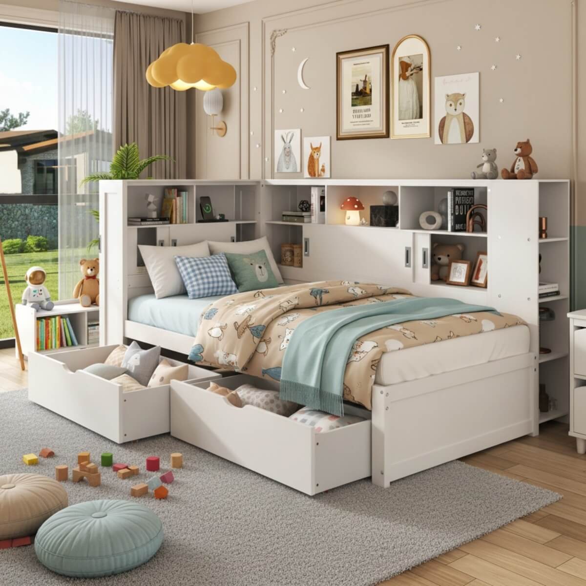 3ft Single Platform Bed with Trundle & Storage - Bed Frame with USB Charging and Bookcase