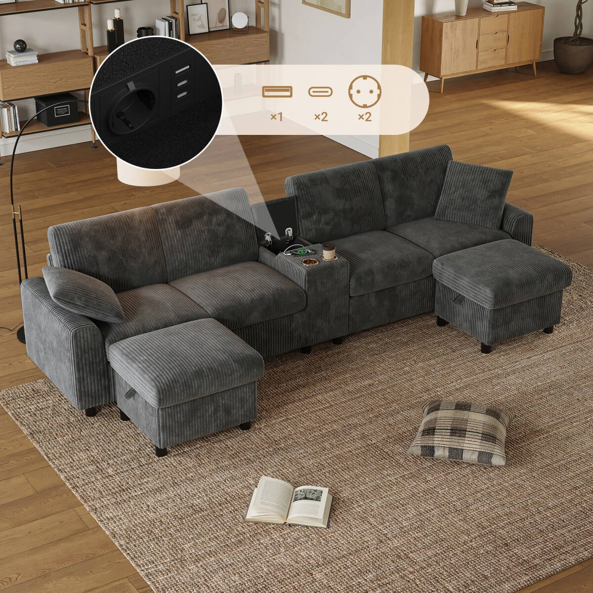 U Shaped Corduroy Sectional Sofa - Modular Sofa with Storage Ottomans, USB & Type-C Charging, Grey
