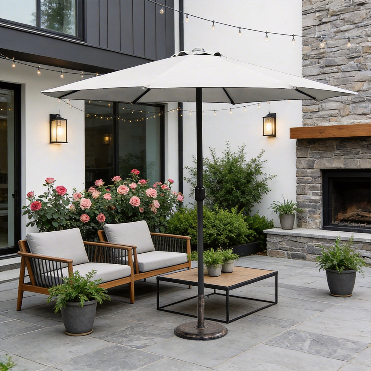 Outdoor Garden Parasol with Steel Pole - 8 Rib, Crank Handle & Vent