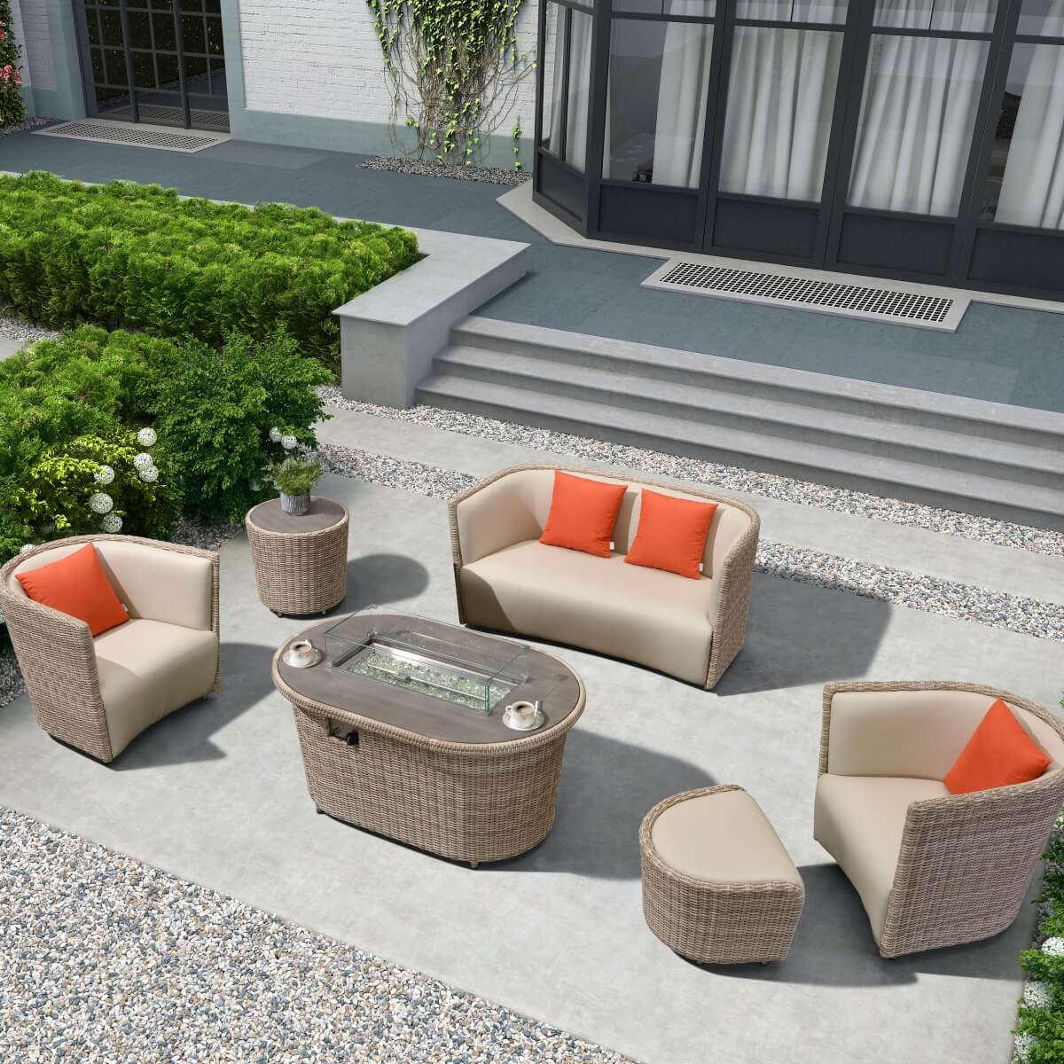 4 Seater Rattan Garden Fire Pit Sofa Set with Side Tables and Footstools - Outdoor Patio Furniture