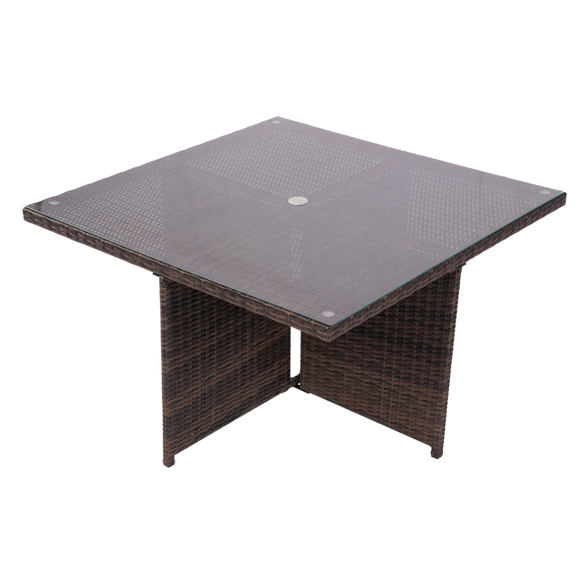 Square outdoor table with wicker frame and glass top on a white background