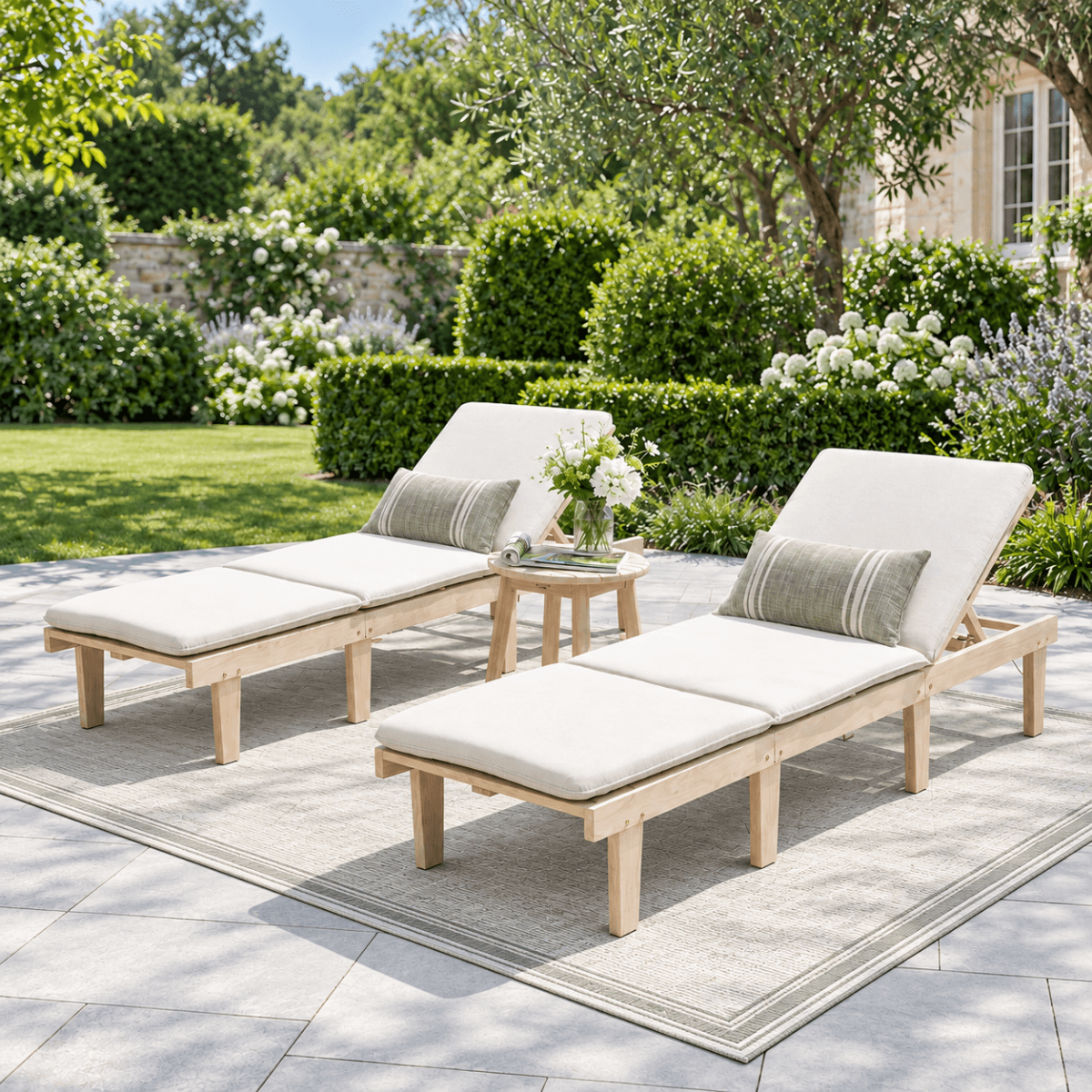 Outdoor Solid Wood Sun Lounger Set - 2 Adjustable Backrest Loungers with Round Side Table