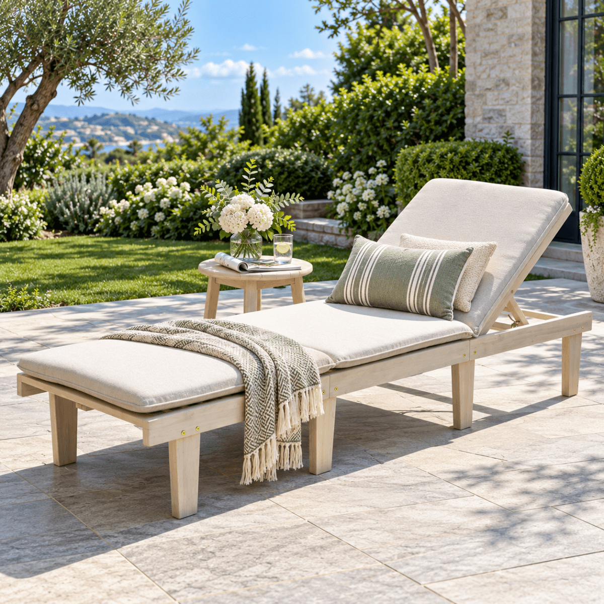 Wooden Garden Sun Lounger Set - Adjustable Backrest with Side Table