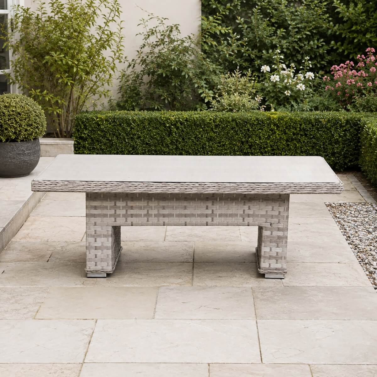 Rectangular Rattan Garden Coffee Table - Adjustable Height with Tempered Glass Top