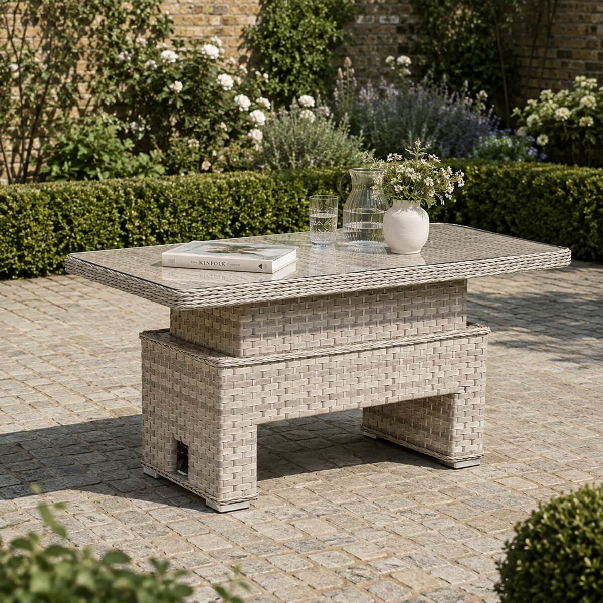 Rectangular Rattan Garden Coffee Table - Adjustable Height with Tempered Glass Top