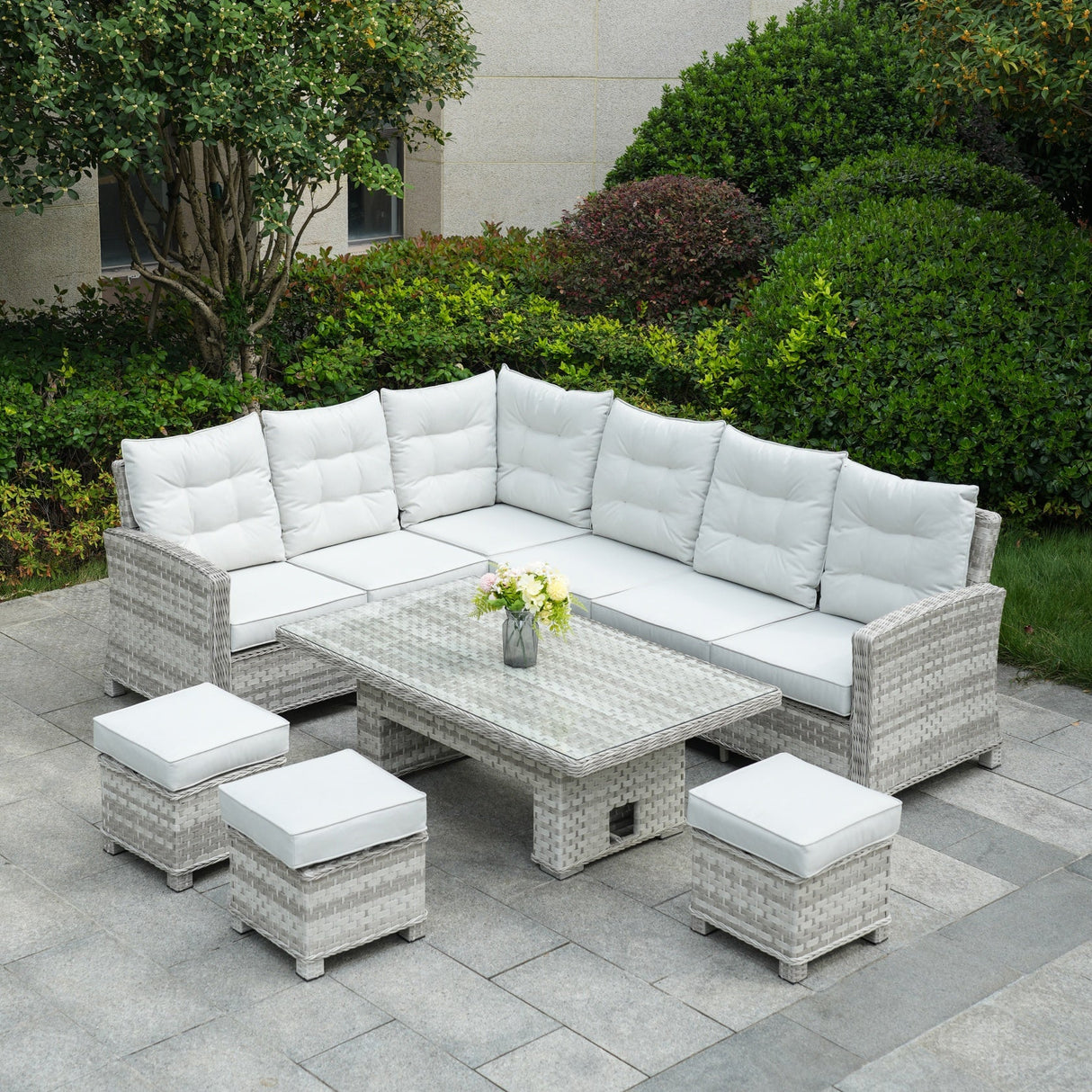 8-Piece PE Rattan Aluminum Corner Conversation Sofa Set with Adjustable Lift Table PAS-16002B-SET