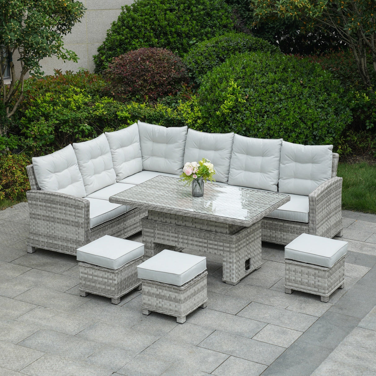 8-Piece PE Rattan Aluminum Corner Conversation Sofa Set with Adjustable Lift Table PAS-16002B-SET