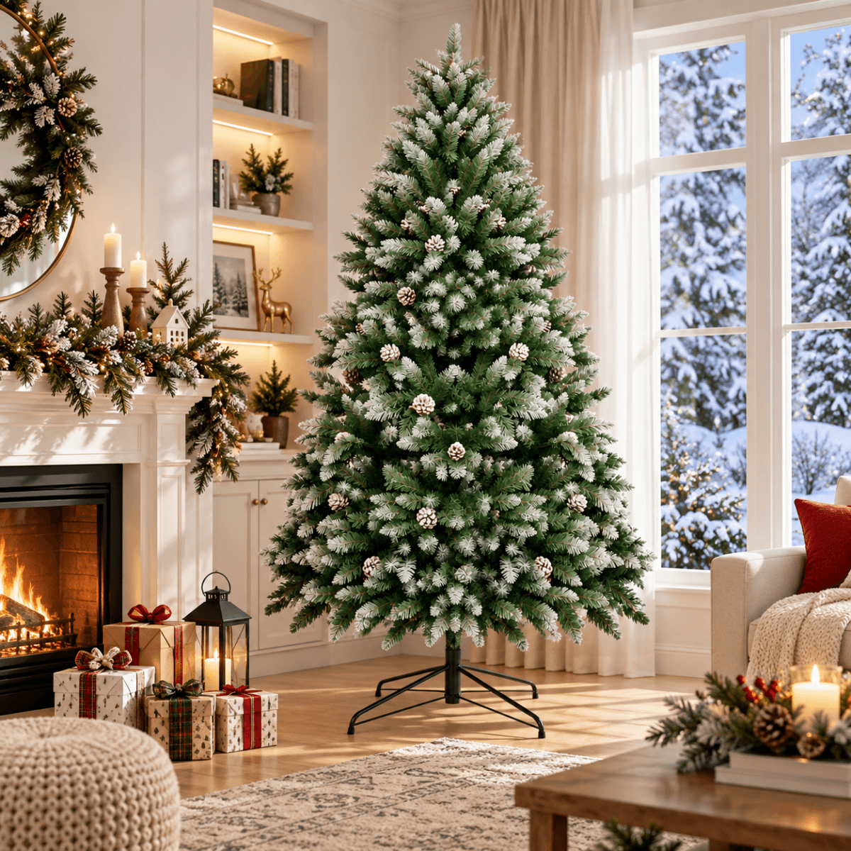 Snow-Flocked Artificial Christmas Tree with Pine Cones - Realistic Green Xmas Tree for Indoor Home Decoration