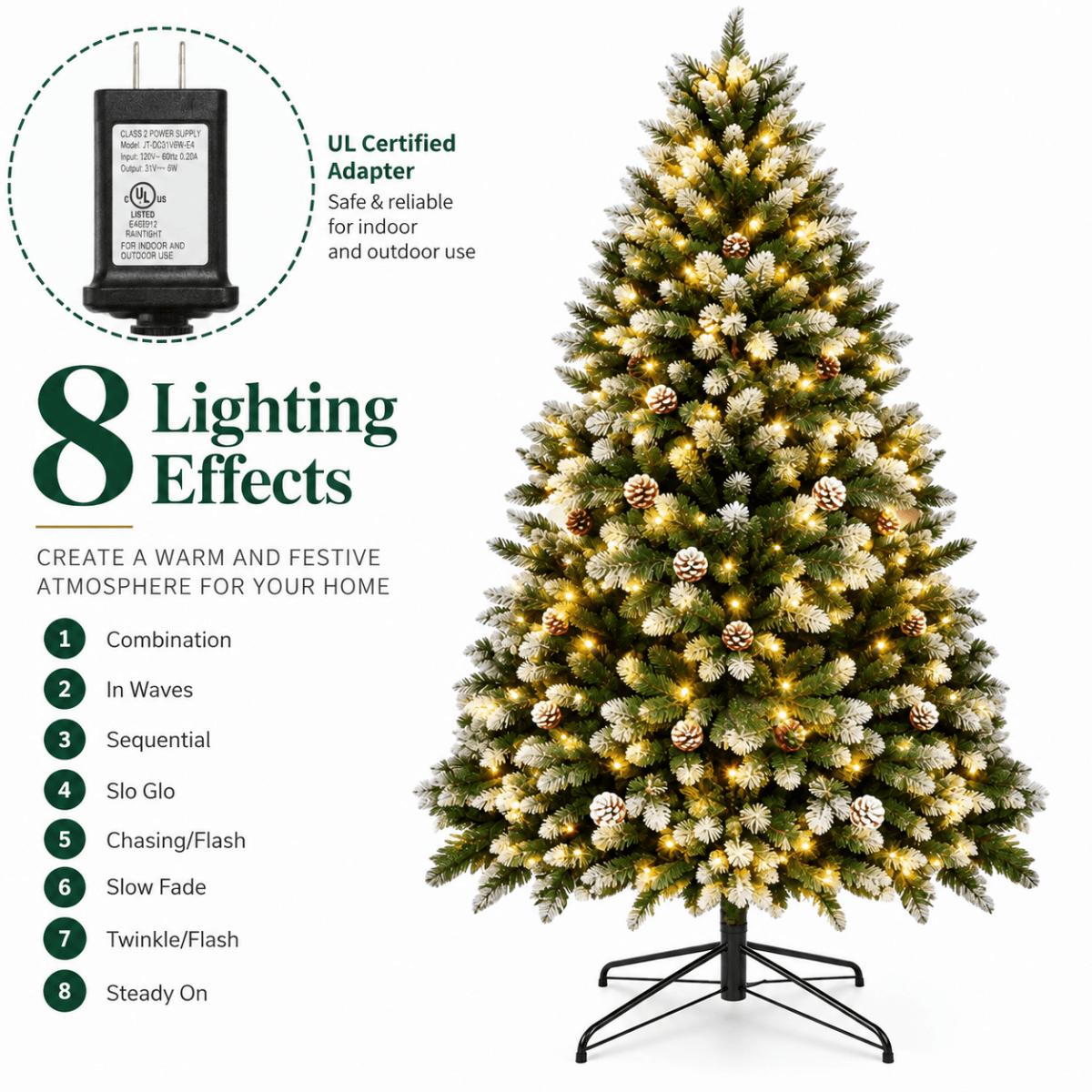 Snow Flocked Artificial Christmas Tree with Pine Cones - Full PVC Xmas Tree with 8-Mode Warm White LED Lights, 6ft/7ft