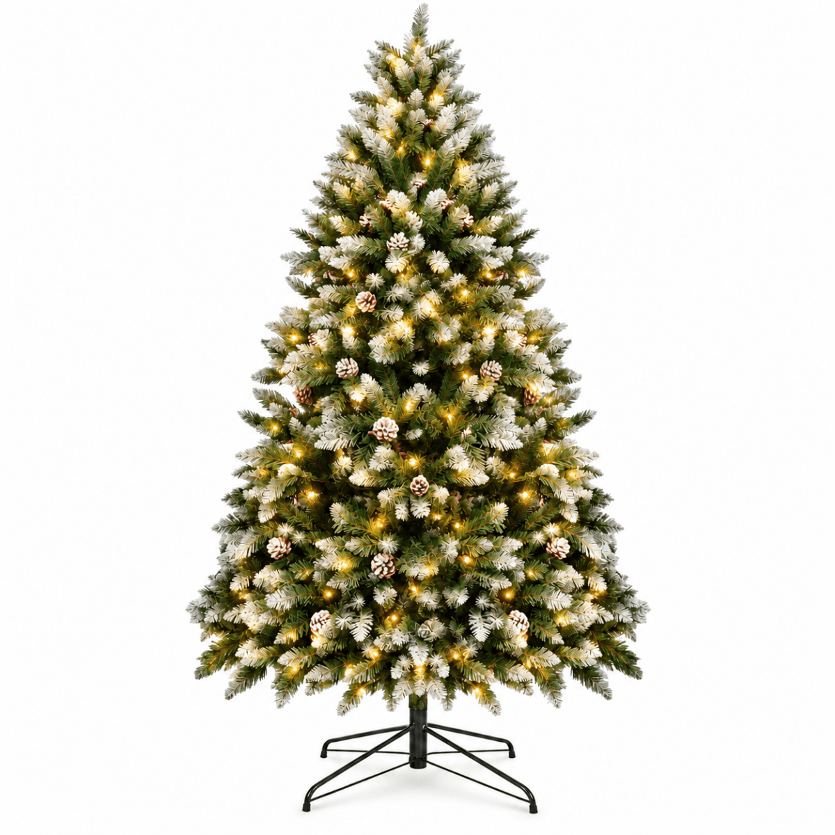 Snow Flocked Artificial Christmas Tree with Pine Cones - Full PVC Xmas Tree with 8-Mode Warm White LED Lights, 6ft/7ft