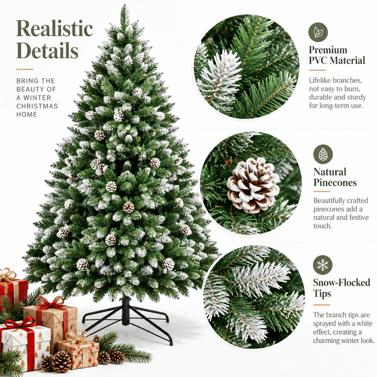 Snow-Flocked Artificial Christmas Tree with Pine Cones - Realistic Green Xmas Tree for Indoor Home Decoration