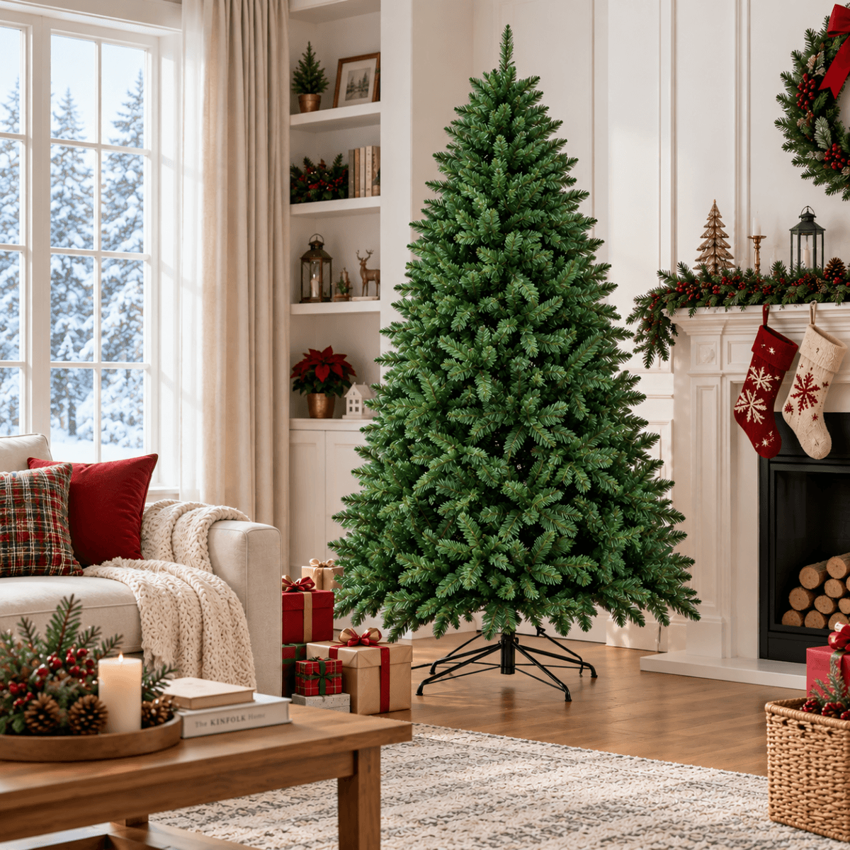 Realistic Full Green Artificial Christmas Tree - Lush PVC Xmas Tree for Indoor Home & Festive Decoration, 5ft/6ft/7ft