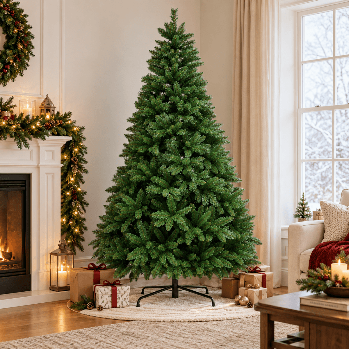 Realistic Full Green Artificial Christmas Tree - Premium PVC Xmas Tree for Indoor Home & Festive Decoration, 6ft/7ft