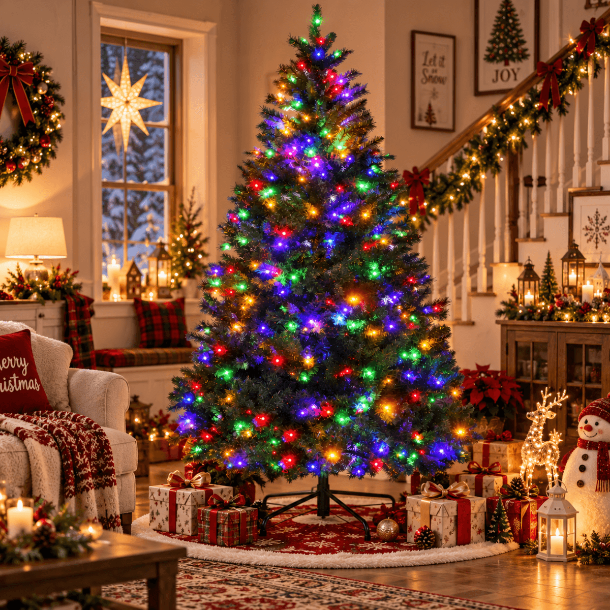 Realistic Full Green Artificial Christmas Tree - Premium PVC Xmas Tree with Pre-Lit 11-Mode Color-Changing LED Lights, 6ft/7ft