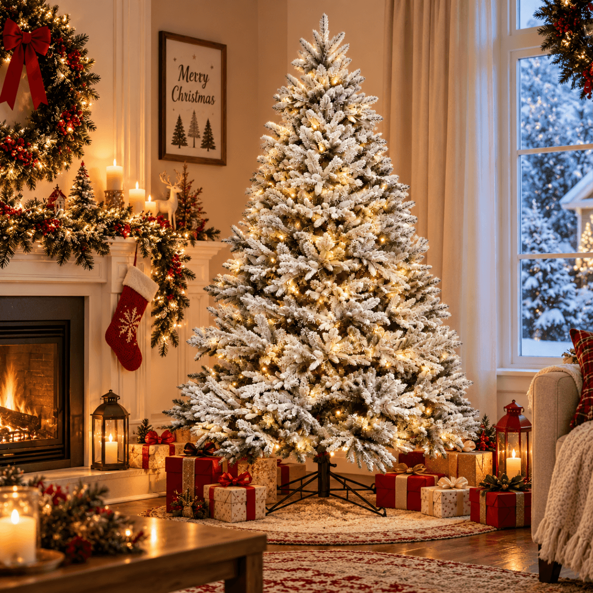Pre-Lit Flocked Christmas Tree - Artificial Snow-Flocked Christmas Tree with Built-in Lights