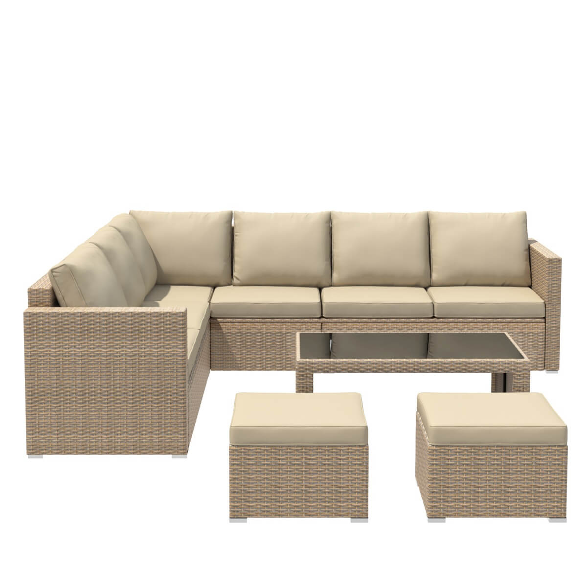 Garden Corner Sofa Set – Khaki Rattan Outdoor Furniture with Coffee Table and 2 Stools