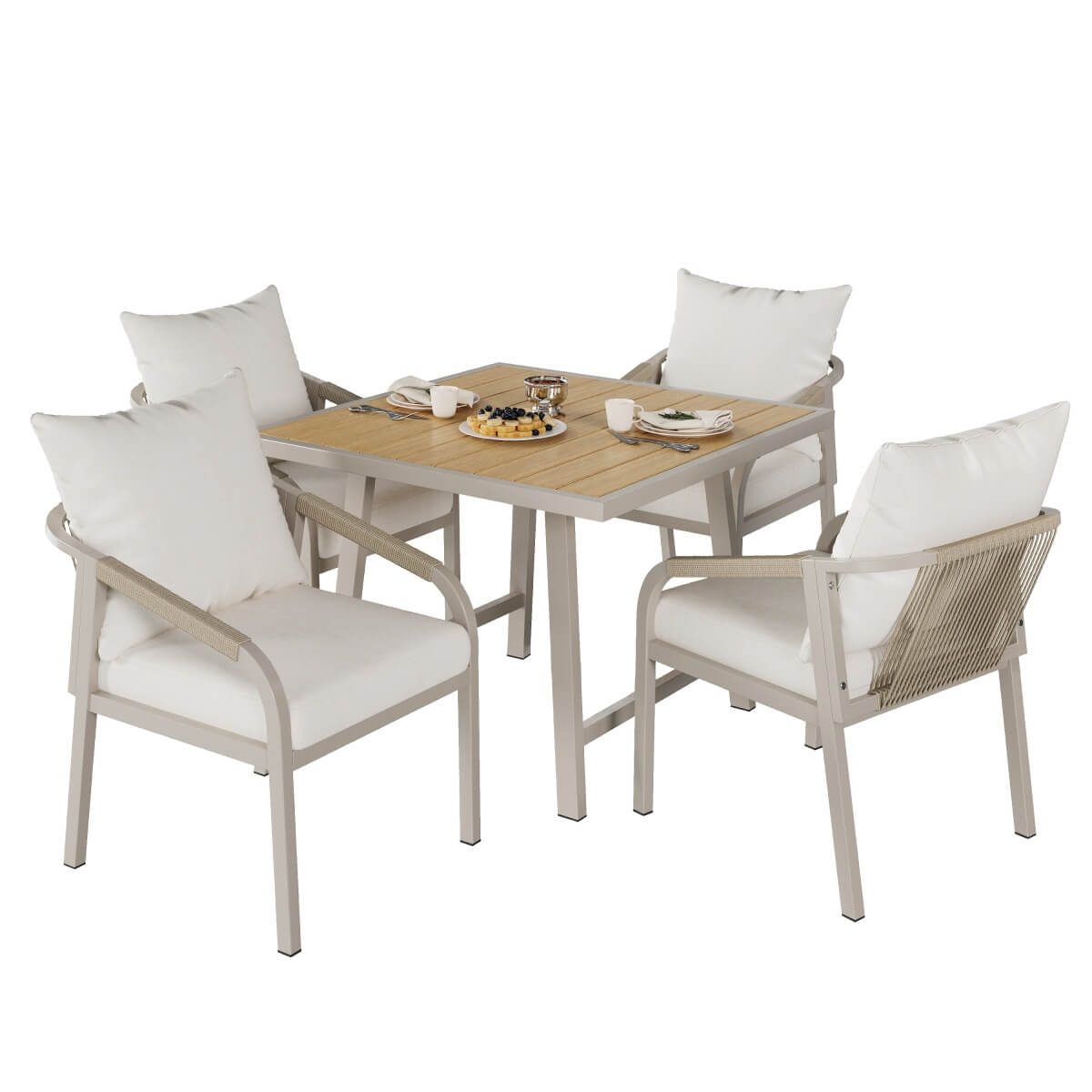 4 Seater Garden Dining Set - Outdoor Patio Table and Chairs with Umbrella Hole, Beige