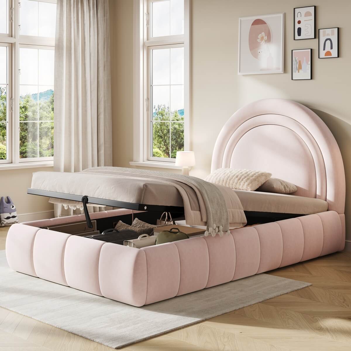 3ft Single Velvet Ottoman Bed - Upholstered Storage Bed with Headboard, Pink