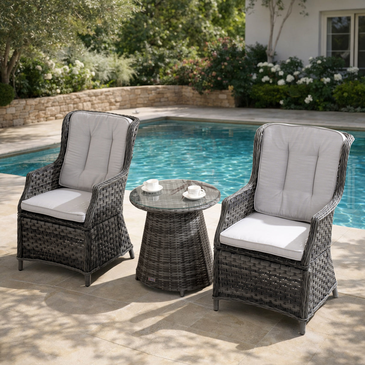 3 Piece Grey Rattan Bistro Set - Outdoor Garden Table and Chairs