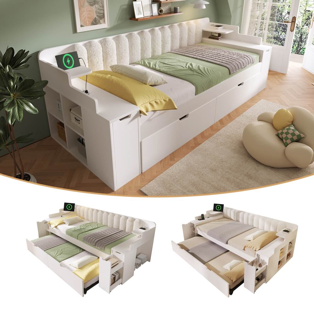 3ft Single Wooden Daybed with Pull-Out Trundle - Sofa Bed with Storage Cabinet and USB and Type-C Charging Station, White
