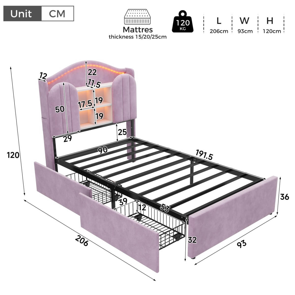 3ft Single Kids Upholstered Bed - House-Inspired LED Storage Headboard, Charging Station and 2 Reversible Drawers, Purple