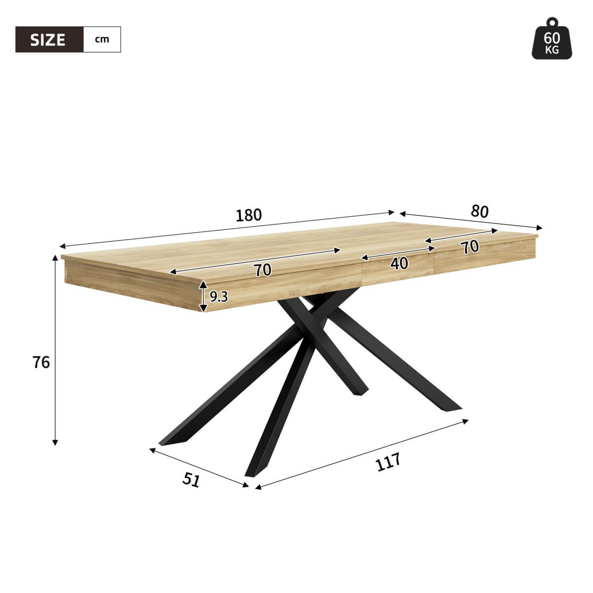 Extendable Dining Table 140 to 180 cm – Rectangular Table for 6 to 8 People with Metal Legs