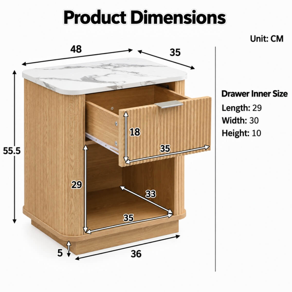 Set of 2 Modern Fluted Bedside Tables - Oak Effect with Marble Effect Tops, Drawer and Open Shelf