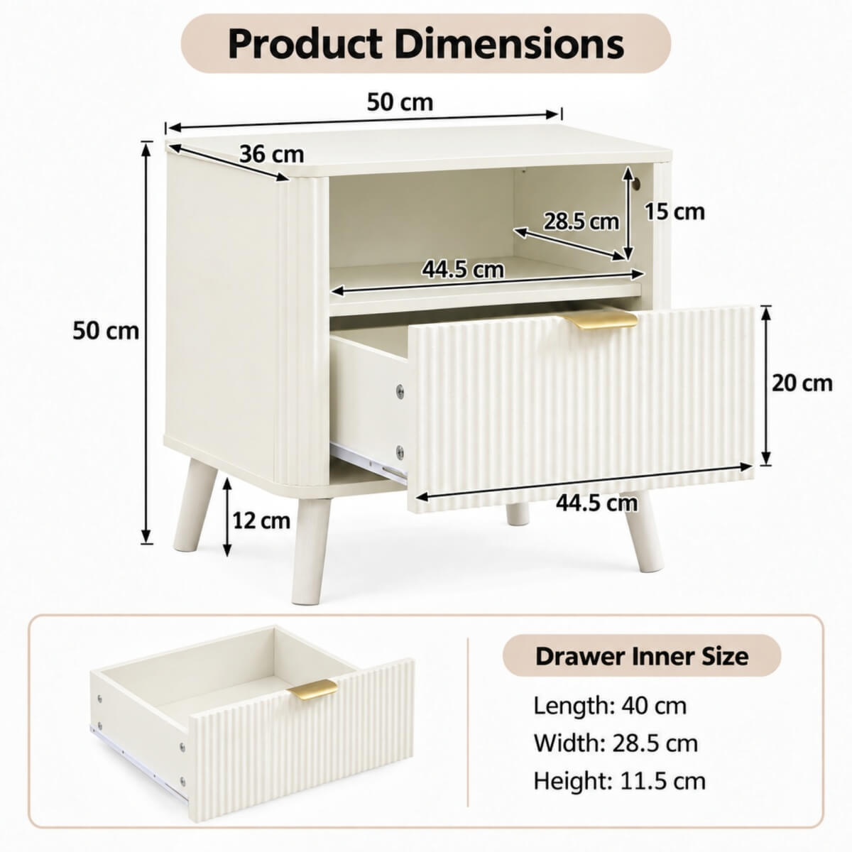 Set of 2 Fluted Bedside Tables - Drawer and Open Shelf, Rounded Corners, Gold Handles and 4-Leg Solid Wood Base, Cream White