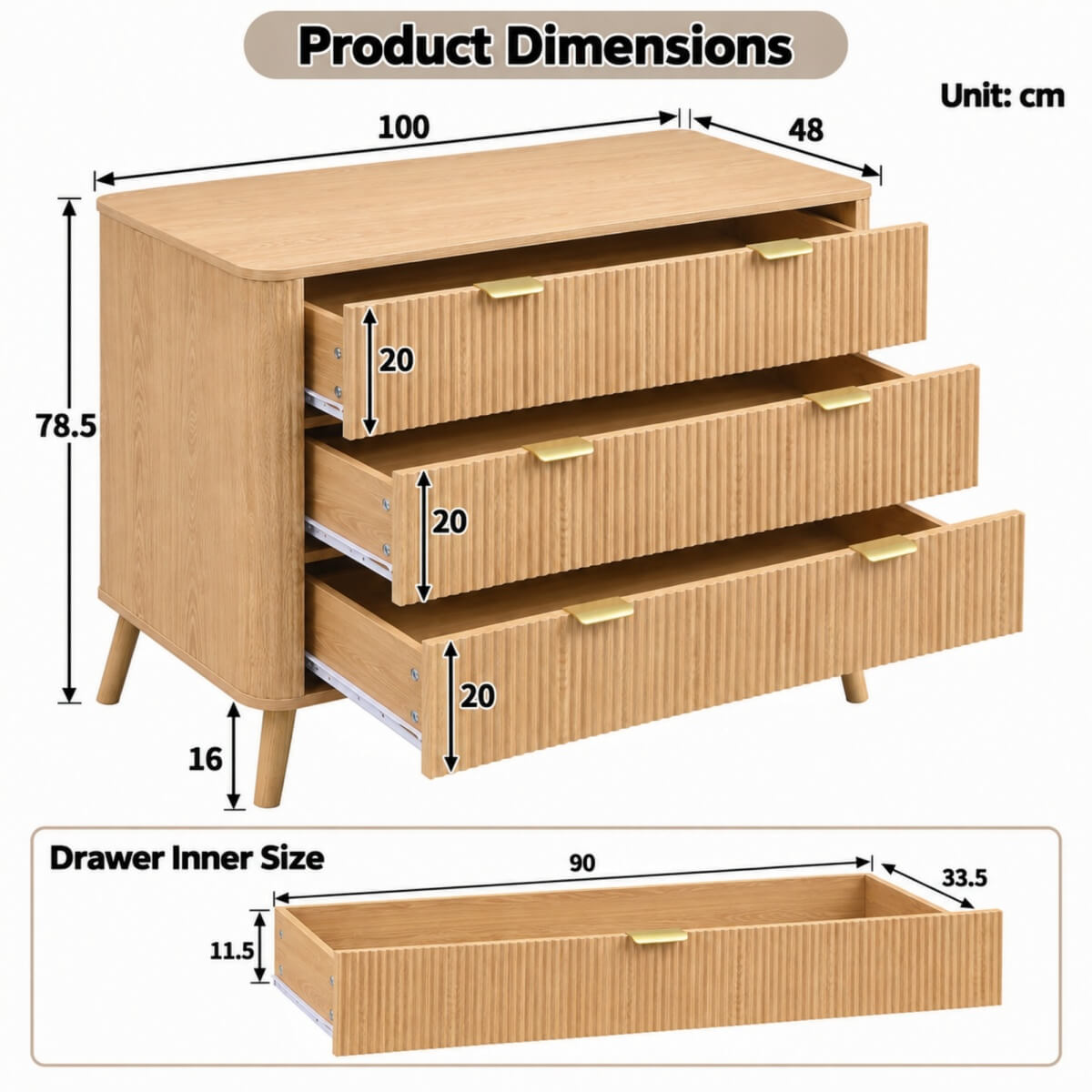 3-Drawer Chest of Drawers - Fluted Bedroom Storage Unit with Rounded Corners, Gold Handles and 4 Solid Wood Legs, Natural Oak Effect