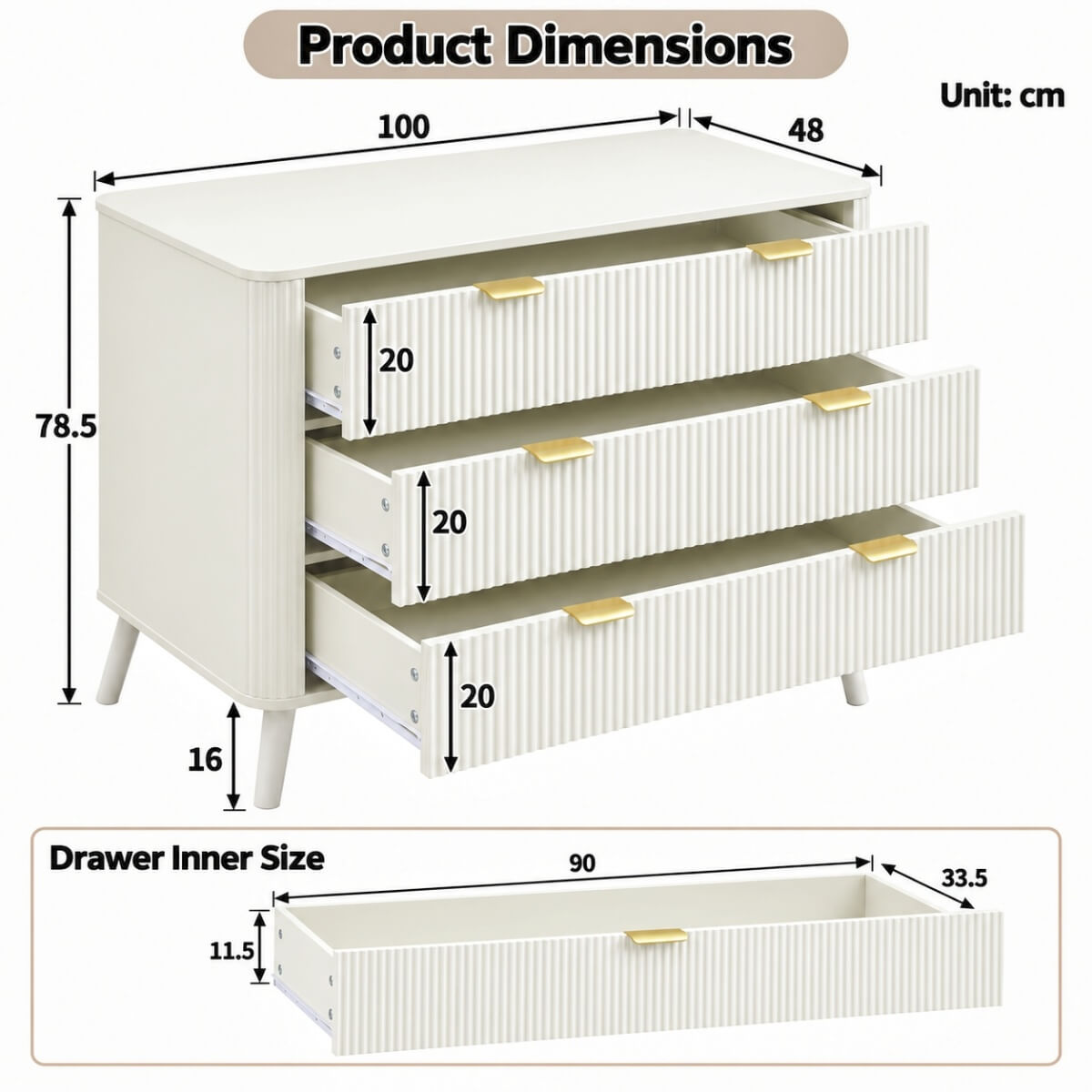 3-Drawer Chest of Drawers - Fluted Bedroom Storage Unit with Rounded Corners, Gold Handles and 4 Solid Wood Legs, Cream White