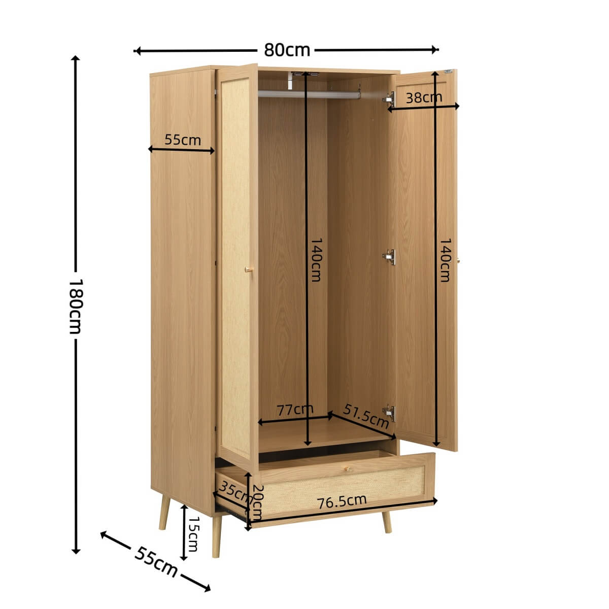 2 Door Rattan Effect Wardrobe with Drawer - Bedroom Storage Cabinet with Hanging Rail and Raised Legs, Natural Oak