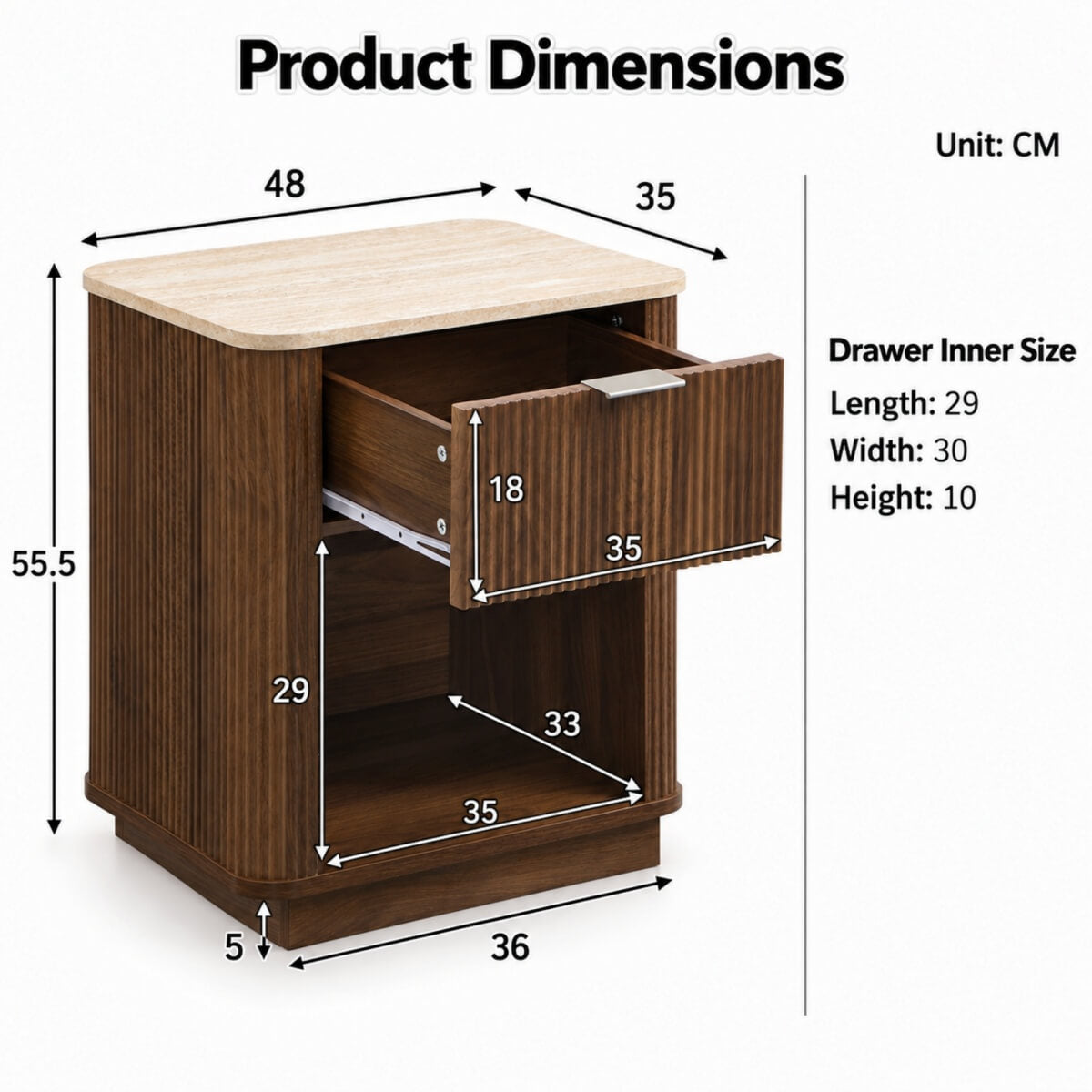 Set of 2 Modern Fluted Bedside Tables - Walnut Effect with Travertine Effect Tops, Drawer and Open Shelf