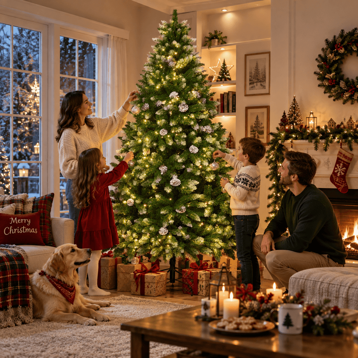 Snow Flocked Artificial Christmas Tree with Pine Cones - Full PVC Xmas Tree with 8-Mode Warm White LED Lights, 6ft/7ft